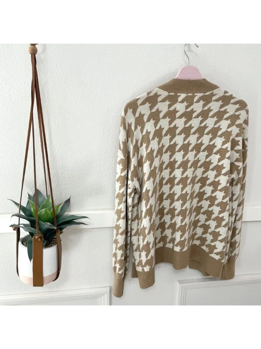 LOFT Tan Open Front Houndstooth Long Sleeve Sweater Size M - Picture 4 of 7
